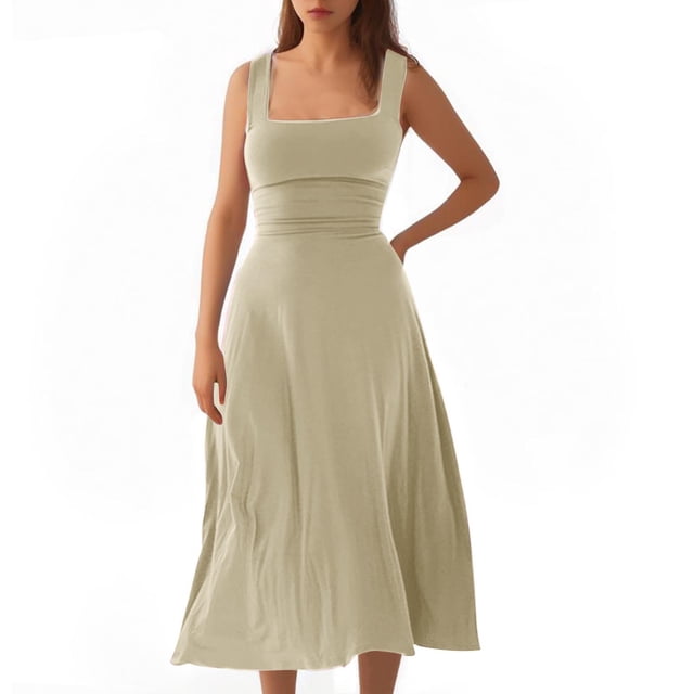 Timegard Robes d'Été pour Femmes à Larges Bretelles, Encolure Carrée, Sans Manches, Couleur Unie, Coupe Ajustée, Décontractée, Confortable