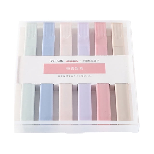 Zanvin Eye-protection Highlighter, Square Point, Assorted Colors, 6 Count. A set of six pastel Morandi-colored highlighters with square-shaped barrels, neatly arranged in a transparent plastic case. Suitable for office supplies, student highlighters, teacher gifts, and back-to-school season.