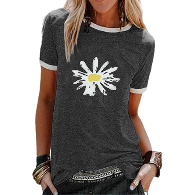 YourTops T-Shirt Vintage pour Femmes à Marguerites Rétro Hippie (1-Gris Foncé, Petit)