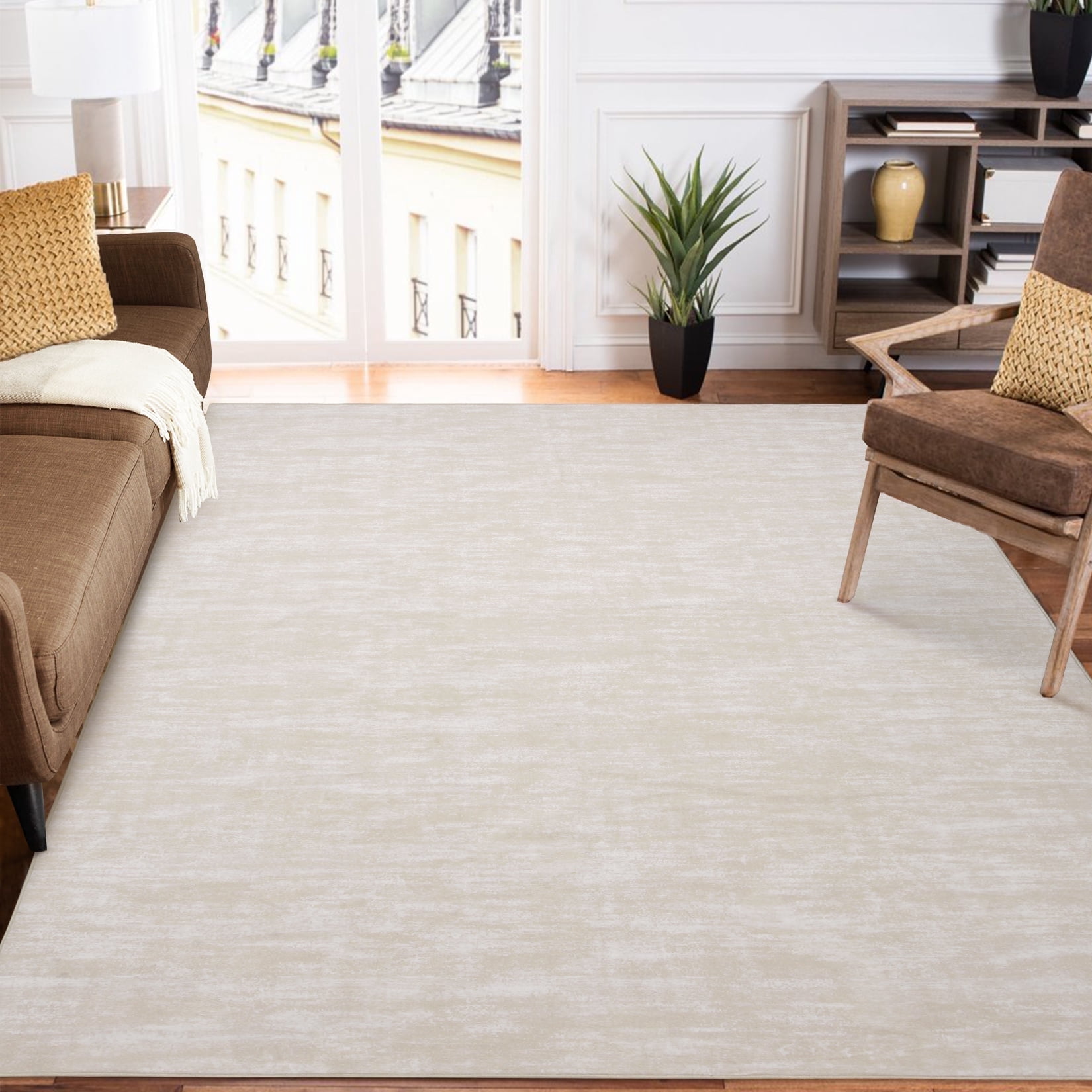 YUSAZENS 8 x 10 Modern Solid Area Rug Machine Washable, Non-Slip Low-Pile Door Mat for Entryway, Laundry, Soft Floor Mat for Home, Office, Living Room Light Beige