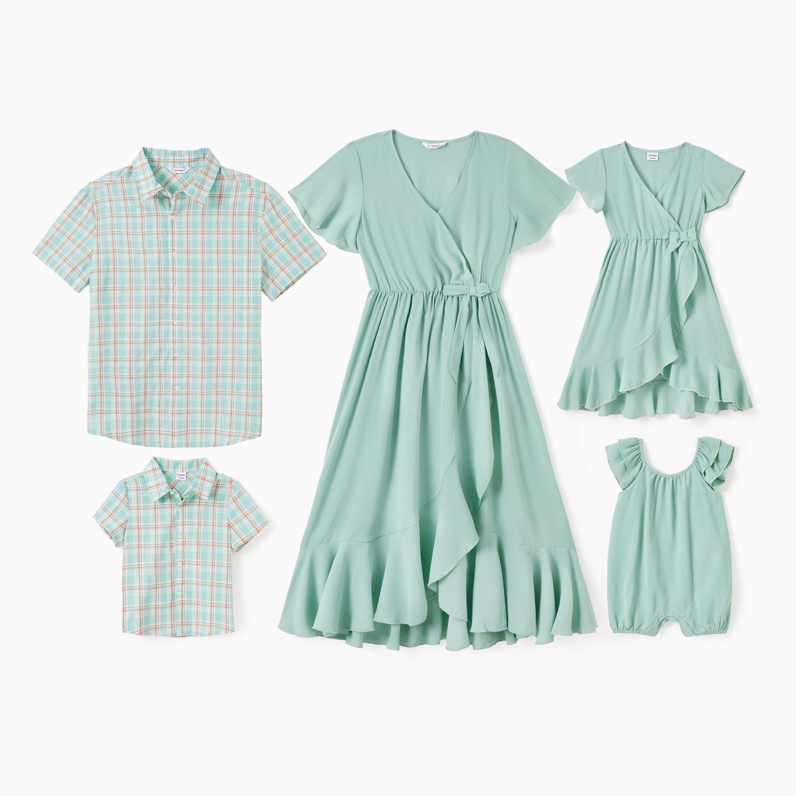 PatPat Family Matching Green Plaid Shirt or Ruffle Sleeves Bow Side Wrap Bottom Dress with Hidden Snap