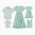 thumbnail image 1 of PatPat Family Matching Green Plaid Shirt or Ruffle Sleeves Bow Side Wrap Bottom Dress with Hidden Snap, 1 of 7