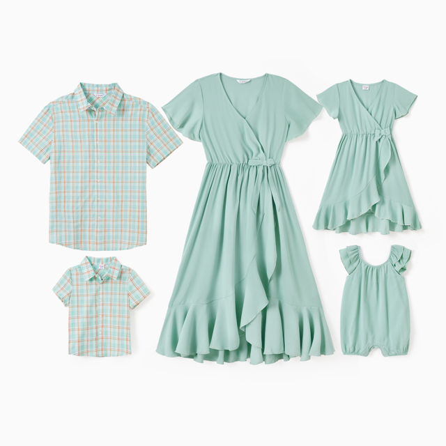 PatPat Family Matching Green Plaid Shirt or Ruffle Sleeves Bow Side Wrap Bottom Dress with Hidden Snap