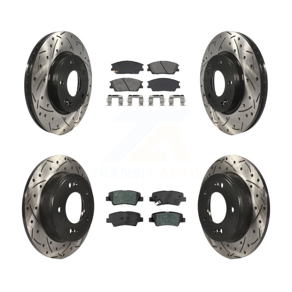 Transit Auto Front Rear Coated Drilled Slotted Disc Brake Rotors and Semi-Metallic Pads Kit for Car Hyundai Venue Kia Soul KDS-101014