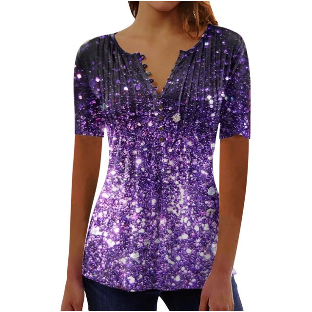 Pompotops Femmes Mode Casual Imprimé Col Rond en Vrac Manches Courtes T-shirt Top Chemisier Pull-Over Clair
