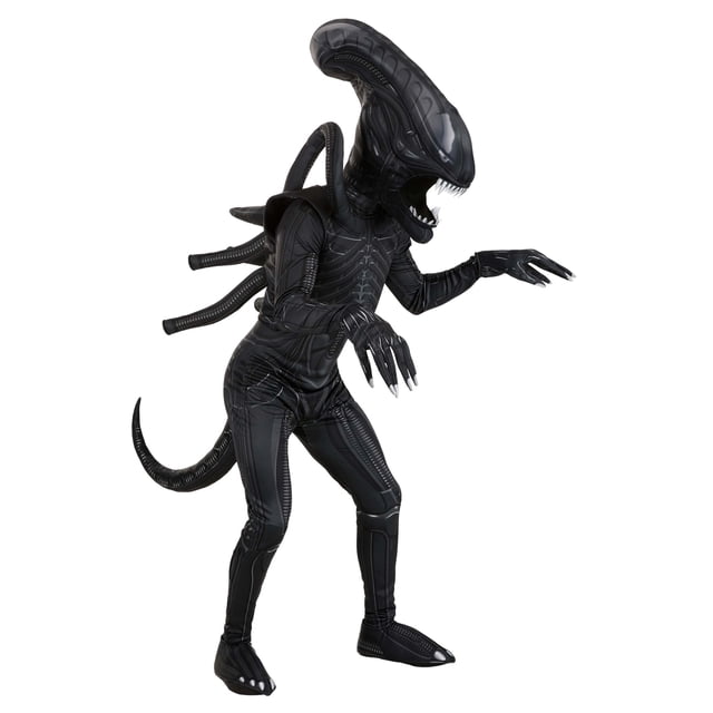 Costume Premium pour Adulte Alien Xenomorph Conçu pour l'Halloween, Comprenant une Combinaison en polyester Noire avec Graphiques Imprimés, une Queue à Dos en Mousse et des Doigts Allongés. Comprend une Capuche Intégrale avec Bouche Recouverte de Maille pour vision Restreinte, un Gilet à Dos en Mousse avec Pointes et Tentacules, et des Couvre-Chaussures avec Bandes Élastiques. sous Licence Officielle et Fabriqué Exclusivement par FUN Costumes.