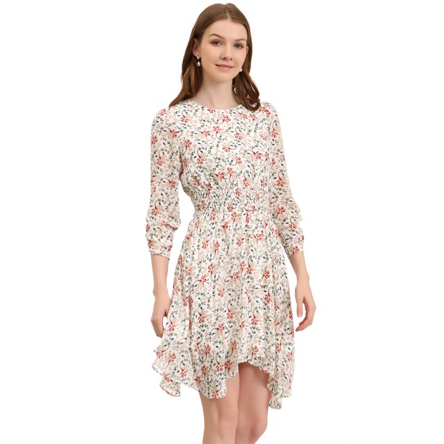 INSPIRE CHIC Robe Fleurie pour Femme Froncée Manches 3/4 Ourlet Asymétrique Robes Smockées Blanc P