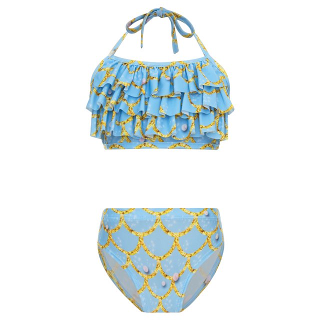 TiaoBug Girls 2 Pcs Mermaid Bikini Sets Shiny Halter Ruffles Crop Top with Triangle Brief Bathing Suit Tankini Light Blue 120