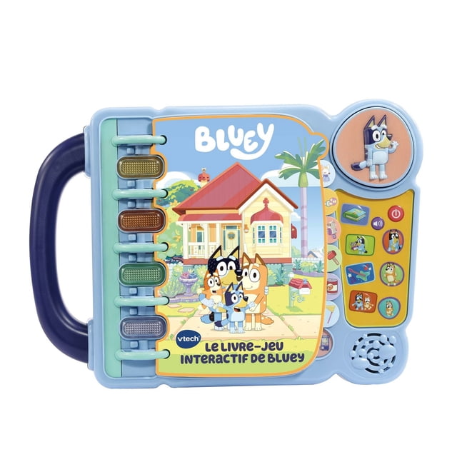 VTech® Bluey™ Bluey's Book of Games - French Version interactive electronic book with a blue plastic cover featuring Bluey and family illustration, multicolour light-up buttons for story, music, and game modes, and a dark blue handle for portability, designed for educational play for children ages 3-7.