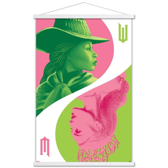Wicked - Reflection Wall Poster with Push Pins, 22.375" x 34", displaying a split design with two stylized profiles: the upper in green wearing a wide-brimmed hat and scarf on a pink background, and the lower in pink with a crown on a green background, separated by a white curved line, printed on glossy paper with adhesive mounts for easy, damage-free hanging, ideal for bedroom or office wall decor.