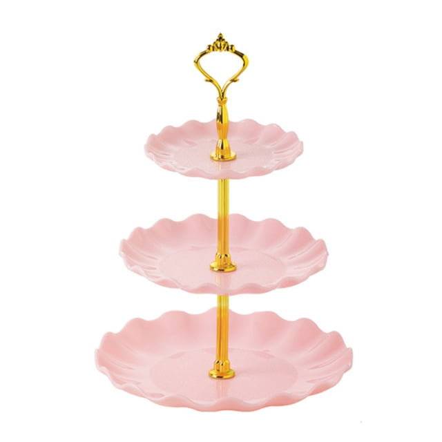 Christmas Decorations for Living Room Multi-Layer Candy Plate Wedding Ktv Living Room Creative Fruit Plate Dry Fruit Plate Refreshment Plate Three-Layer Fruit Plate. A three-tiered serving plate made of plastic in a pink color with scalloped edges and a gold handle. Ideal for displaying fruits, desserts, or appetizers, suitable for weddings, tea parties, and Christmas decor. Dimensions: 34x25cm (13.38x9.84in).