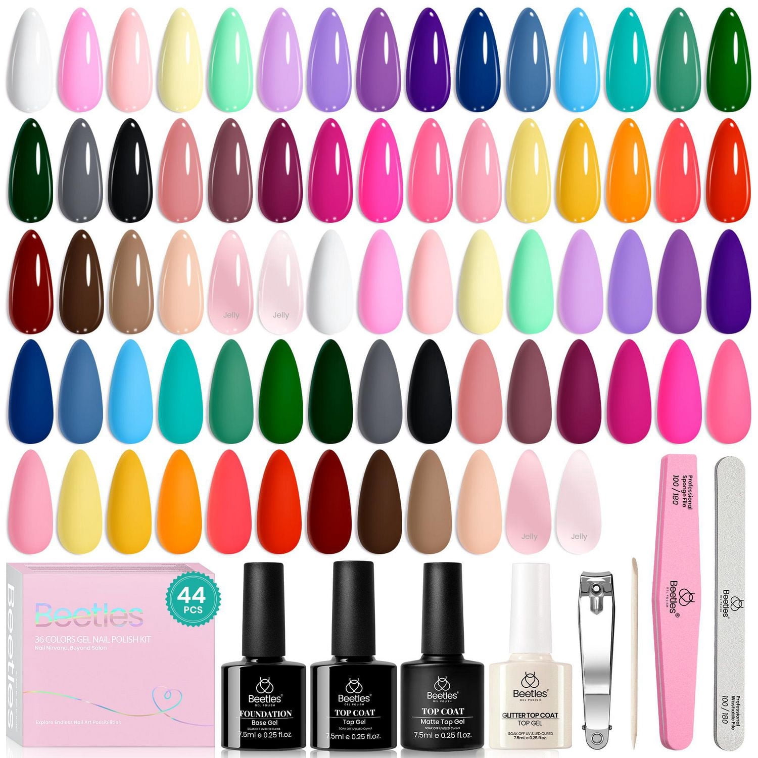 beetles Gel Polish 36 Colors Summer Gel Nail Polish Set with Base Coat Glossy Matte & Glitter Gel Top Coat Neon Pink Yellow Jelly Blue Vivid Seasons Collection Gifts for Women Diy Nails at Home