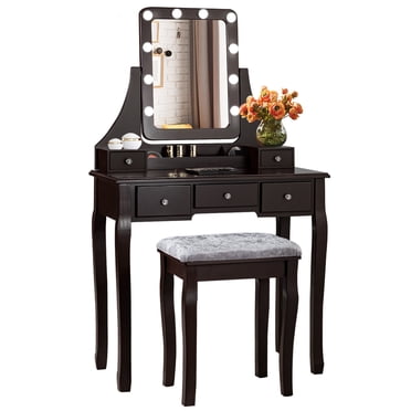 Patiojoy Detachable Vanity Table Set Makeup Table with Mirror &Cushioned Stool Brown