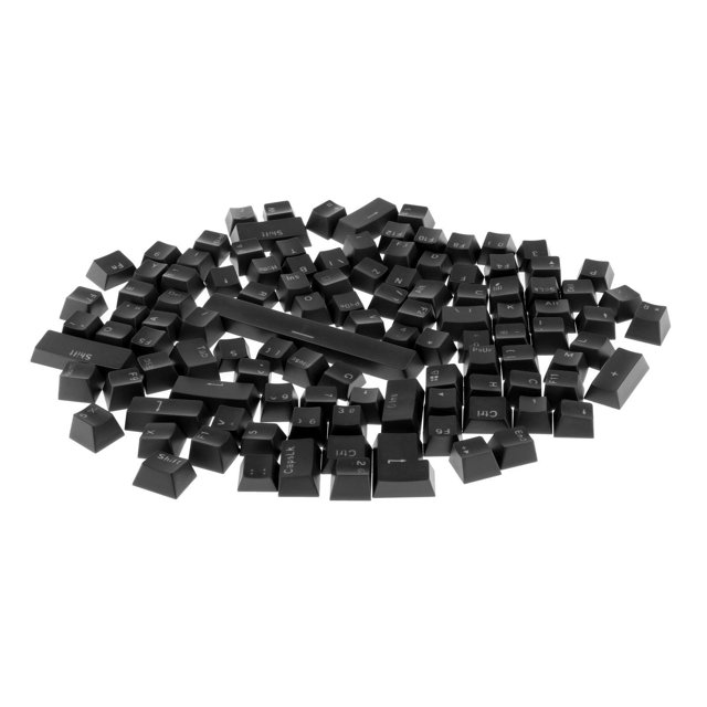 108-Key ABS Translucent Key Mechanical Keyboard Black keycap set arranged in a scattered layout. These replacement keycaps are made of durable ABS material with a translucent design, suitable for mechanical keyboards. Ergonomic and easy to install, ideal for gamers or keyboard customization enthusiasts.