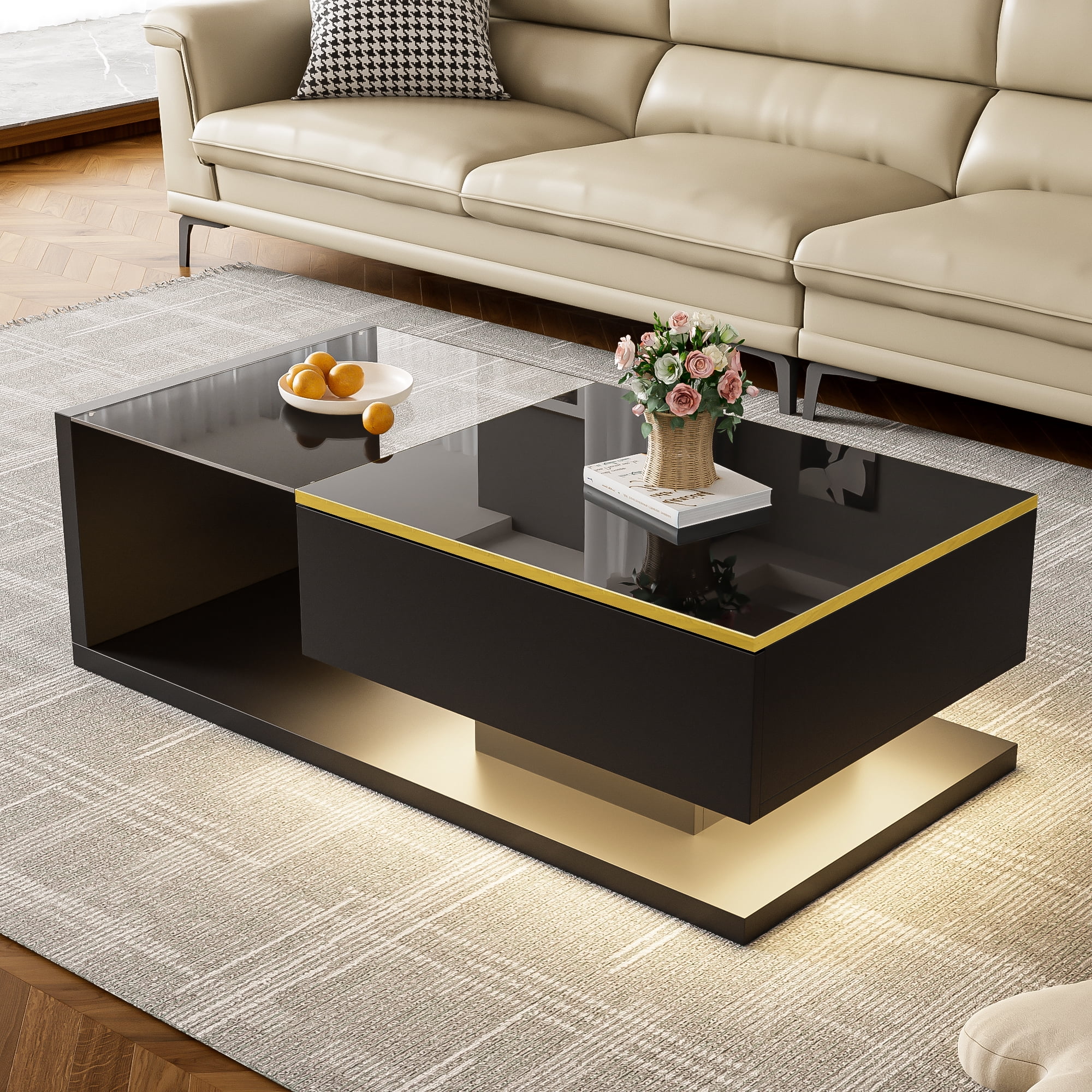 Noble House 39.4" High-Gloss Black Coffee Table, Tempered Glass with Dimmable LED, Storage Compartment & Open Shelves,Black