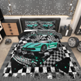 thumbnail image 1 of Erosebridal Ensembles de Literie Voiture de Course pour Ados Grand Lit avec Couette, Insert de Couette Sports Extrêmes pour Garçons Hommes, Noir Cyan, Réversible 3 Pcs, 1 of 7