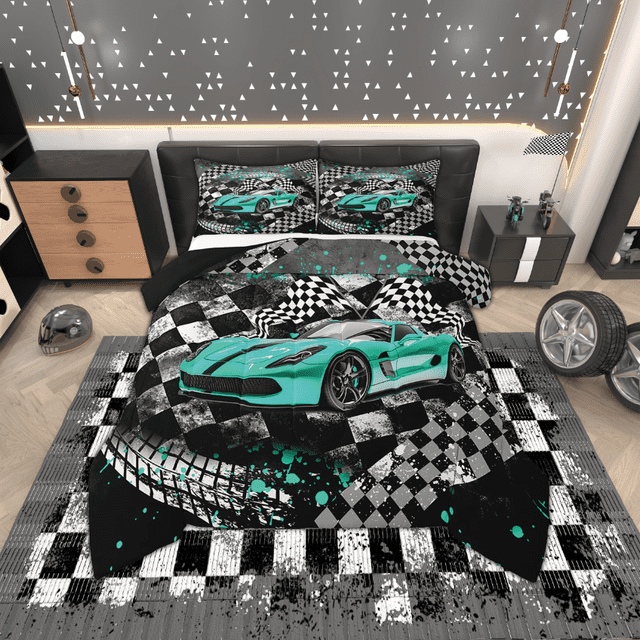Erosebridal Ensembles de Literie Voiture de Course pour Ados Grand Lit avec Couette, Insert de Couette Sports Extrêmes pour Garçons Hommes, Noir Cyan, Réversible 3 Pcs