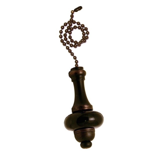 Atron Electro Industries Elite Black ceramic/Oil Rubbed Bronze Pull Chain with a black ceramic decorative pull and oil rubbed bronze finish, attached to a 12-inch (30.5 cm) oil rubbed bronze beaded chain with connector, ideal for upgrading ceiling fan accessories and enhancing home lighting décor.