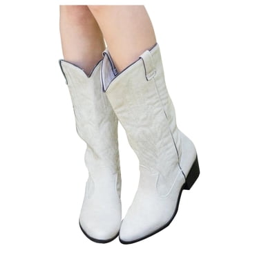 Mepaouo Bottes de Cowboy pour Femmes Bottes de Cowgirl Brodées Western Mi-Mollet à Talon Épais à Enfiler