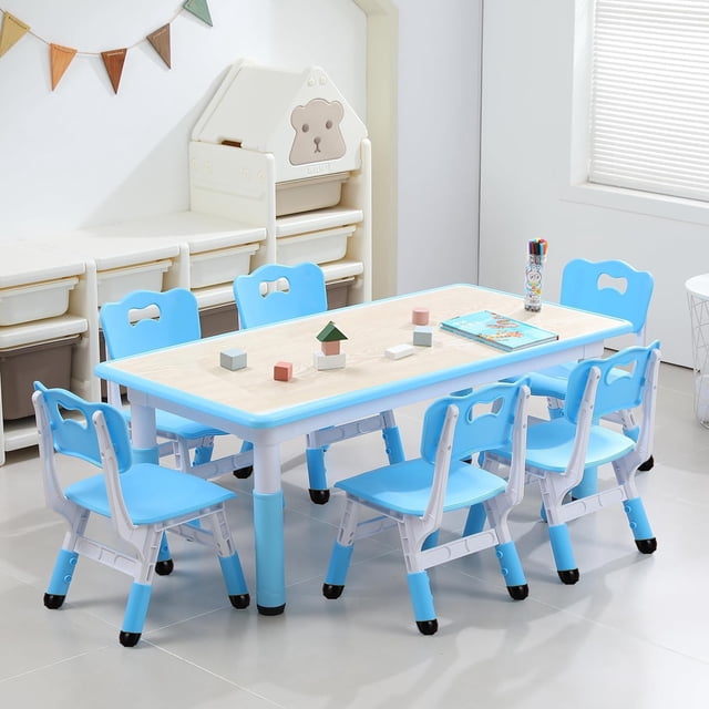 Ensemble Table pour Enfants et 6 Chaises, Bureau et Chaise pour Tout-Petits à Hauteur Réglable, Table Multi-Activités pour Enfants avec Plateau Anti-Graffiti pour 2 à 10 Ans, Max 300 Lb Ensemble Table pour Enfants et 6 Chaises, Hauteur Réglable T
