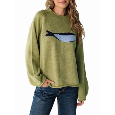 Women Cute Graphic Oversized Knitwear Long Sleeve Pullover Top Loose Fit Fall Streetwear Y2k Tops Green L