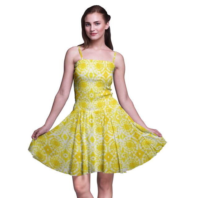 Bimba Robe Soleil Mini Teinture sur Nœuds pour Femmes à Taille Smockée Imprimée, Tenue de Fête d'Été pour les Vacances - XX-Grand