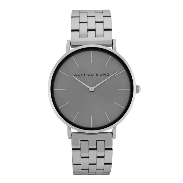 Alfred Sung Montre à Maillons pour Homme Seger à Cadran Gris Argent, Gros Plan Centré Affichant 41 mm Boîtier en Acier Inoxydable Poli, Cadran Gris Argent avec Lignes Radiales Subtiles et Repères d'Heure Minces, bracelet à Maillons en Acier Inoxydable Ajustable et Couronne; Mouvement quartz Japonais, Résistant à l'Eau 3 ATM; Convient aux Voyages et au Port Quotidien.
