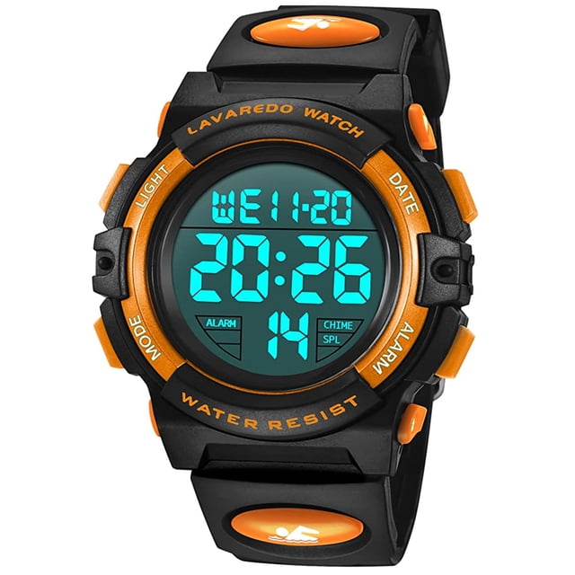 Montres pour Enfants Garçons Filles Montre Numérique d'Extérieur Étanche Montre de Sport avec Lumière LED Réveil Chronomètre Cadeau d'Anniversaire pour Enfants. la Montre Présente un design Noir et orange avec un Affichage Numérique Affichant l'Heure, la date et les Réglages d'Alarme. Elle Comprend un Bracelet en silicone durable, un Miroir en Verre en Résine transparent et un Bouton en Acier Inoxydable. la Montre Est Résistante à l'Eau jusqu'à 50 Mètres, Convient aux Activités de Plein Air Mais Pas pour le Bain Ni le sauna. Idéale pour les Enfants de 3 à 12 Ans, Elle Offre des Fonctions comme le Rétroéclairage LED, le Chronomètre et le format 12/24 Heures