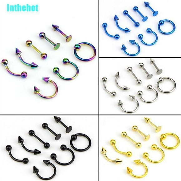 Mixed 8Pcs 16G Stainless Steel Helix Piercing Jewelry Ear Eyebrow Nose Lip Rings