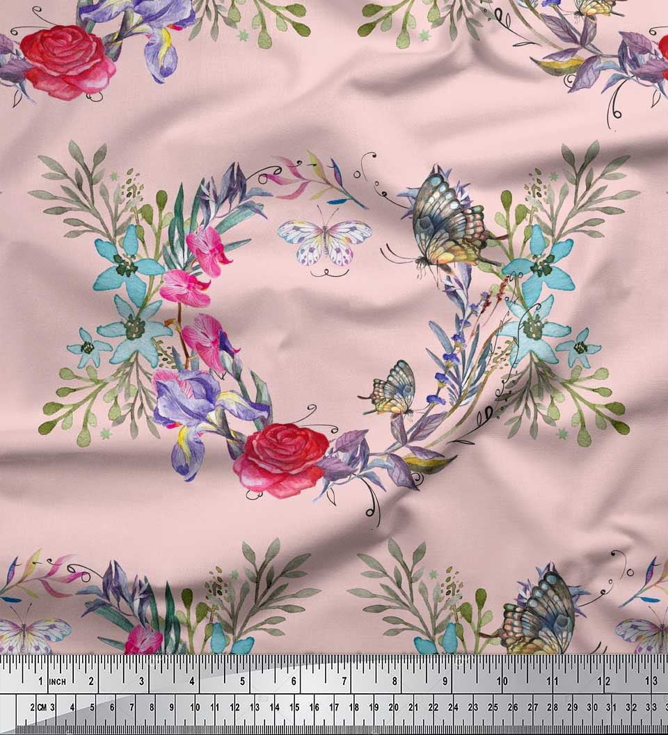 Soimoi Pink Cotton Duck Fabric Insect,Rose & Wreath Flower Print Fabric by Yard 42 Inch Wide