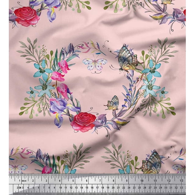 Soimoi Pink Polyester Crepe Fabric Insect,Rose & Wreath Flower Printed Fabric 1 Yard 42 Inch Wide