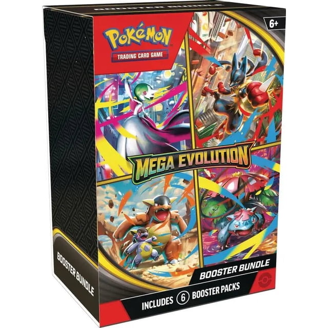 Pokemon Mega Evolution ME1 Booster Bundle centered, front-facing view of a booster bundle with the branded Pokémon logo and Mega Evolution theme; highlights Mega Lucario ex and Mega Gardevoir ex from the expansion, shown on a white background; suitable for collectible cards and tournament deck building display.