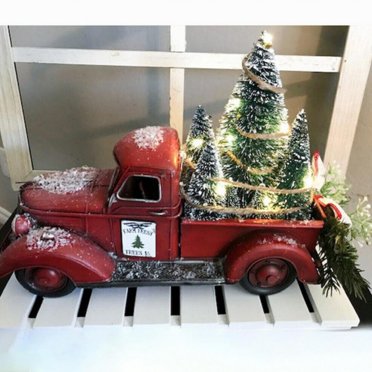 Red Farm Truck Christmas Decorations, Farmhouse Vintage Pickup with Glowing Christmas Trees Suitable for Home Kitchen Table Decoration Holiday