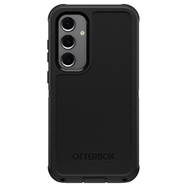 OtterBox Defender Pro Étui Noir pour Samsung Galaxy S24 FE Comprenant une Étui Extérieure en Caoutchouc Noir Texturé avec Coins Renforcés et protection à Trois Couches Incluant une Étui Intérieure Rigide et un Dos en Mousse à Mémoire. Il Comprend des Couvre-Port pour Bloquer la Poussière, une Lèvre d'Écran Surélevée et des Découpes Précises pour les triple Objectifs de Caméra et le flash. Compatible avec la Recharge Sans Fil Qi et Conçu pour une protection Robuste au Quotidien.