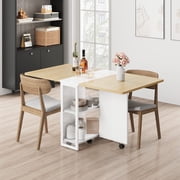 QinaQin Folding Dining Table, Four-Person Folding Dining Table, Folding Kitchen Table with Two Storage Shelves, Space-Saving Dining Table for Small Apartments, Mobile Kitchen Table with Six Wheels