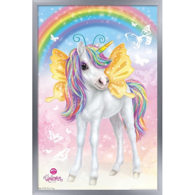 Animal Club - Unicorn Wall Poster, 14.725" x 22.375" framed poster showing a white unicorn with a rainbow-colored mane and tail, golden butterfly wings, and a yellow-green horn, set against a pastel pink and blue background with a rainbow and white butterflies, suitable for kids' room décor and party decoration.