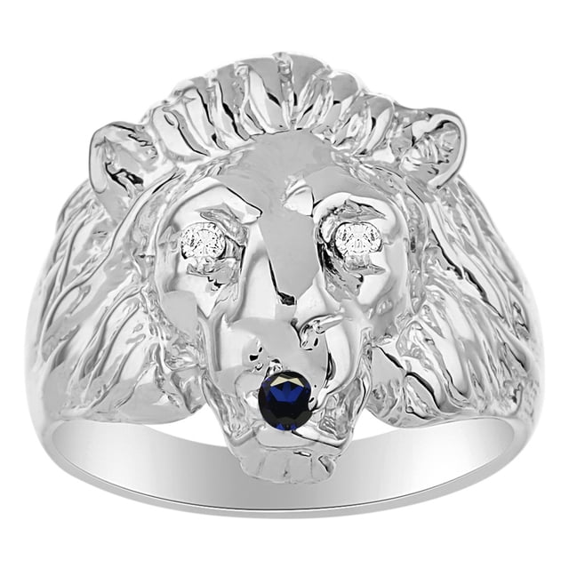 RYLOS Rings Sterling Silver Lion Head Ring Amazing Conversation Starter Diamonds Eyes & Sapphire Mouth Rings Size 8