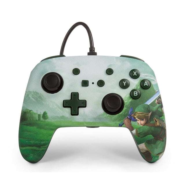 PowerA Manette Filaire Améliorée pour Nintendo Switch – Link au design Hyrule avec Vue Orientée vers l'Avant, avec Illustration de Paysage Vert et Blanc, Boutons Ergonomiques Vert Foncé Incluant Doubles sticks Analogiques, Pavé Numérique, Disposition ABXY, Prise audio 3,5 mm et Câble USB Détachable de 10 Pi.