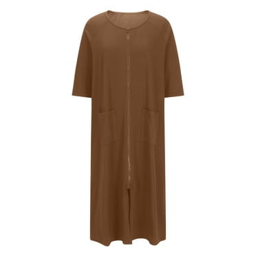 Women Robes Zipper Front 3/4 Sleeve Long Housecoat with Pockets Lightweight Loungewear Bathrobe Ladies Nightgowns Brown S