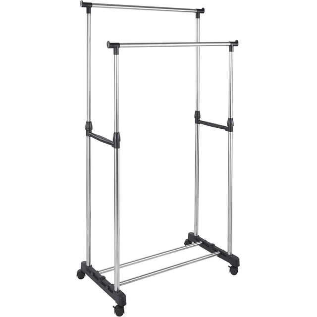 Livearty (TM) Clothing Rack Double Rod Clothing Metal Garment Rack for Hanging Clothes, Rolling Clothes Organizer on Lockable Wheels and Bottom Shelves, Height Adjustable