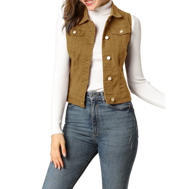 INSPIRE CHIC Women's Washed Denim Button Sleeveless Vest Jacket with Pockets XL Khaki