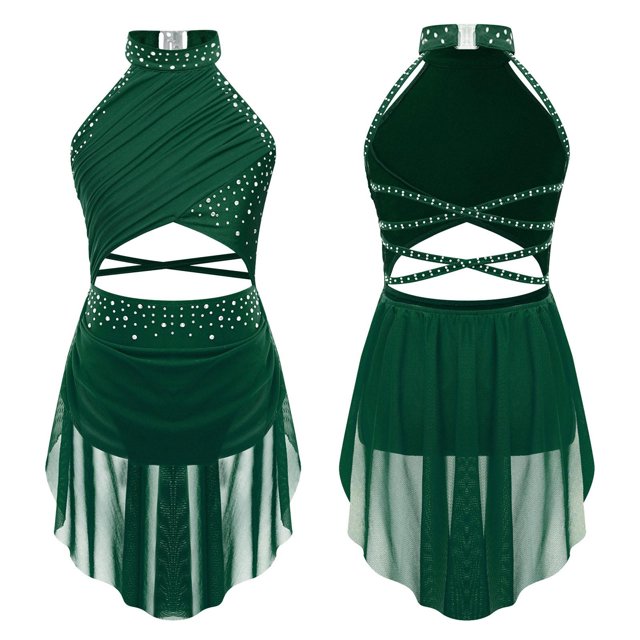 TiaoBug Robe de Danse Lyrique pour Filles Jupe Asymétrique à Sequins Col Licou Justaucorps de Patinage Artistique Robe Vert 16