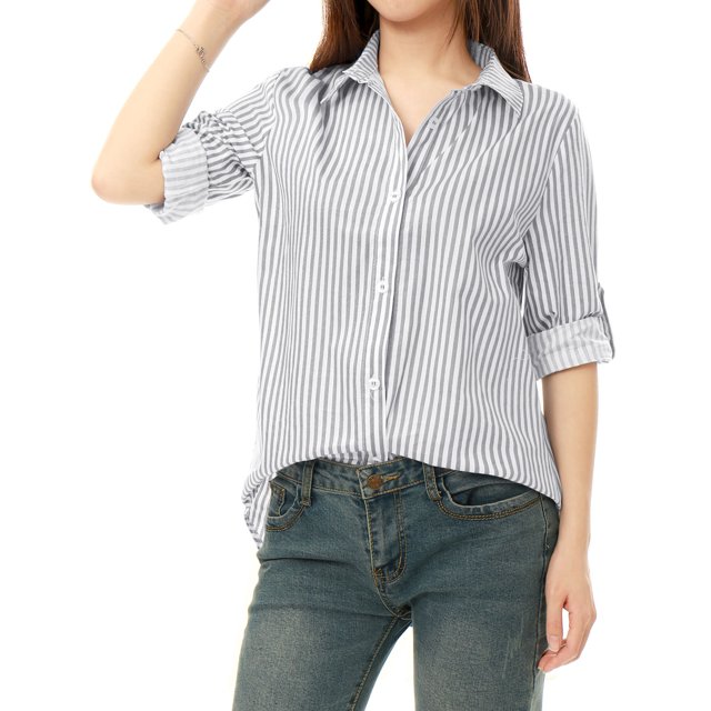 INSPIRE CHIC Chemises pour Femmes à Boutons, Manches Longues Retroussables, Col à Revers, TP Gris