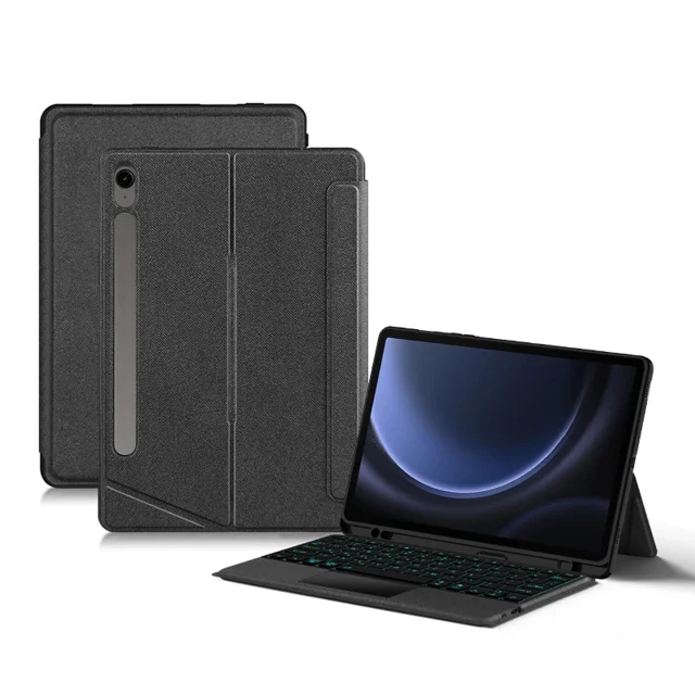 Smart Bluetooth-compatible keyboard for Samsung Galaxy Tab A9 Plus with an 11-inch tablet case in black. This tablet accessory features a backlit trackpad, split cover design, and shockproof leather material. The wireless keyboard is ideal for casual use, offering drop resistance and anti-dust protection.