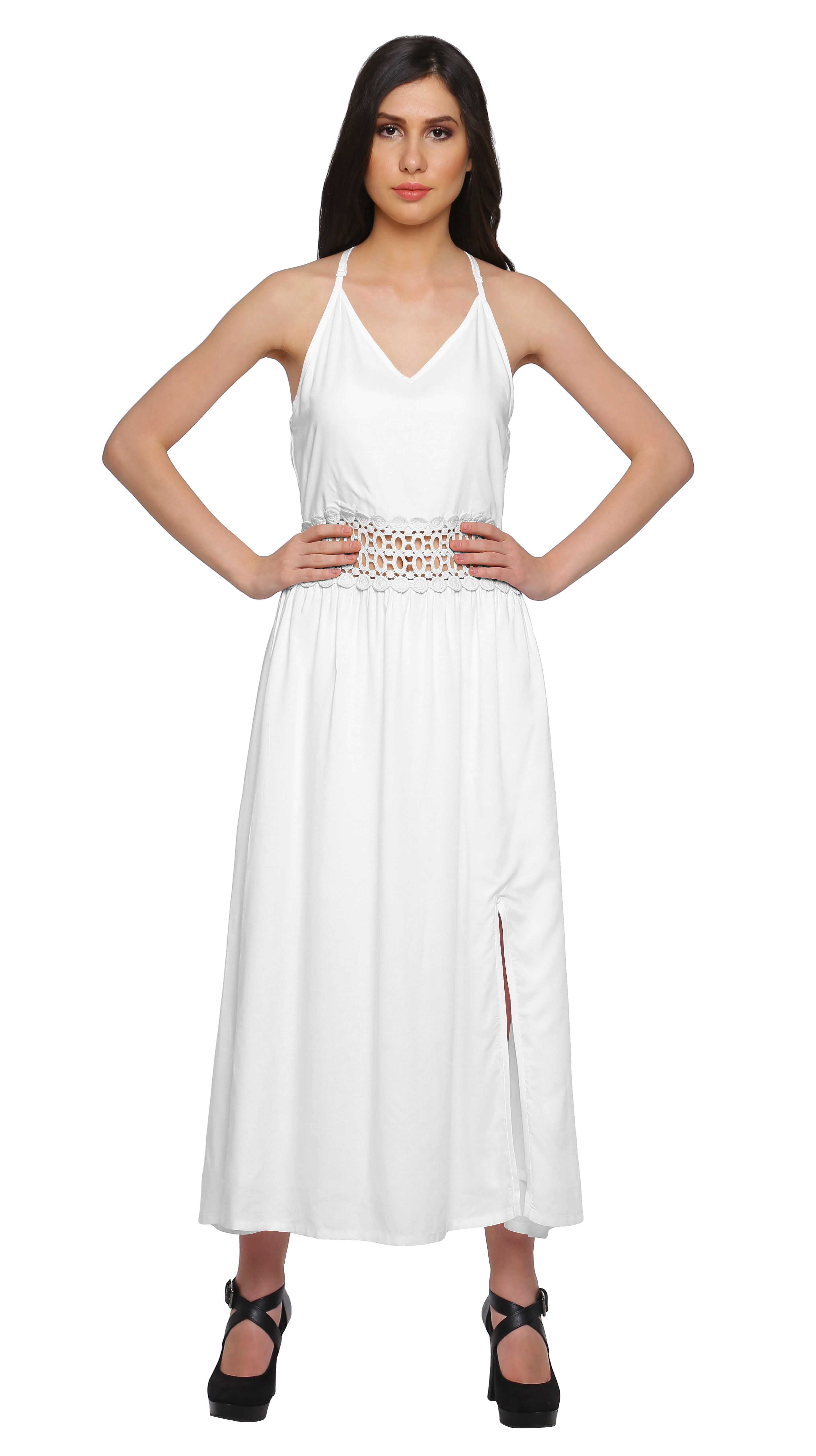 Moomaya Robe Maxi Sans Manches pour Femmes avec Garniture en Dentelle à Bretelles Spaghetti Tenue d'Été
