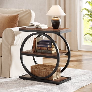 Fnova Table d'Appoint avec Structure Métallique Circulaire, Table Basse à 3 Étagères pour Salon, Brun Foncé