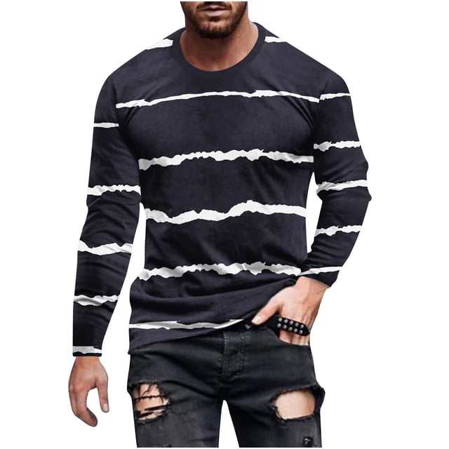 Penkiiy T-Shirt Homme Décontracté Col Rond Rayé Imprimé Chandail Entraînement Physique Manches Courtes Noir
