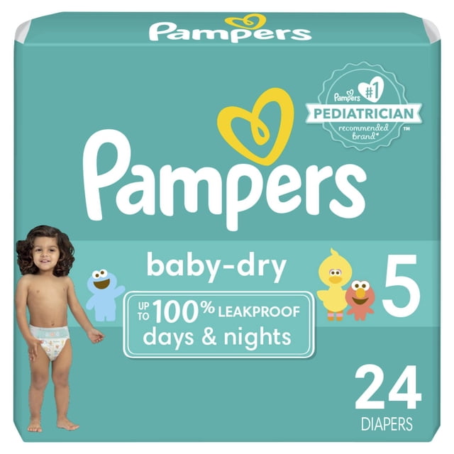 Pampers Baby Dry Couches Sac jumbo Taille 5 avec 24 Couches, Offrant une protection jusqu'à 100 % Étanche pendant des Jours et des Nuits, Mettant en Vedette des Personnages de Sesame Street sur un Fond Sarcelle.