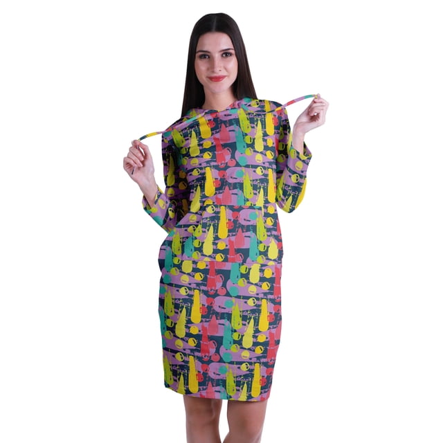 Moomaya Chandail à Capuchon à Manches Longues Imprimé, Robe T-Shirt en Jersey avec Poches