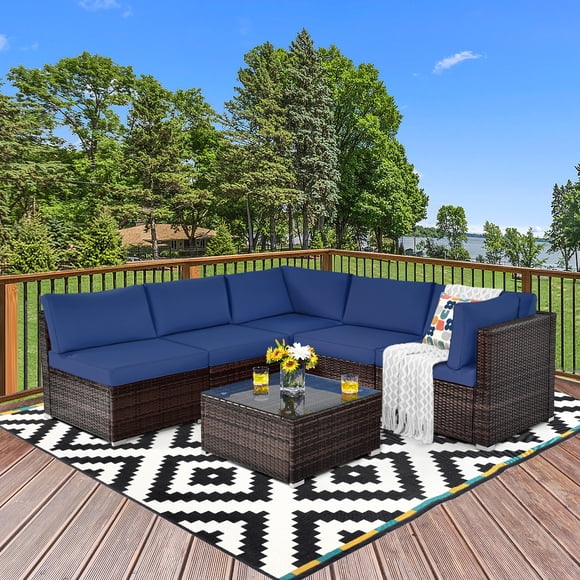 Gymax 6PCS Rattan Outdoor Sectional Sofa Set Patio Furniture Set w/ Navy Cushions